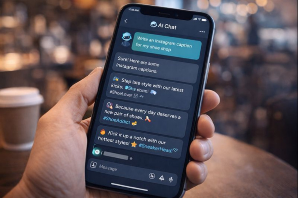 AI chatbot crafting captions in café