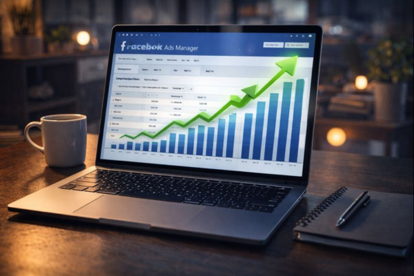 Digital marketing workspace with Facebook Ads